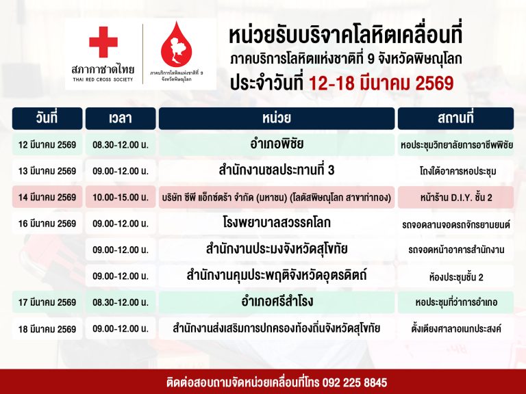 📢 ตารางการออกหน่วยรับบริจาคโลหิตเคลื่อนที่ 🚑 🗓️ ประจำวันที่ 12-18 มีนาคม 2569 💉